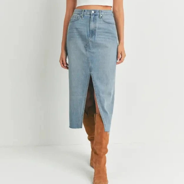 Open-Slit Denim Midi Skirt