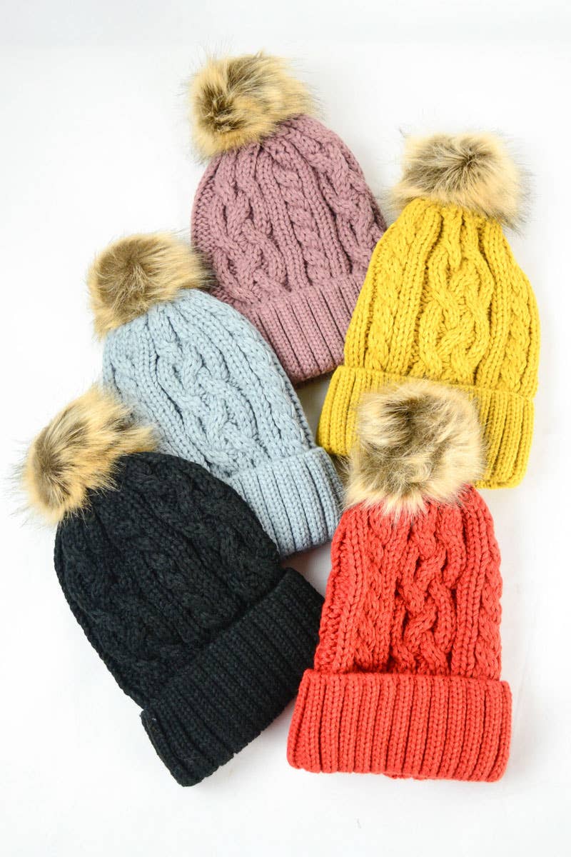 Cable Knit Beanie With Faux Fur Pom in Pine