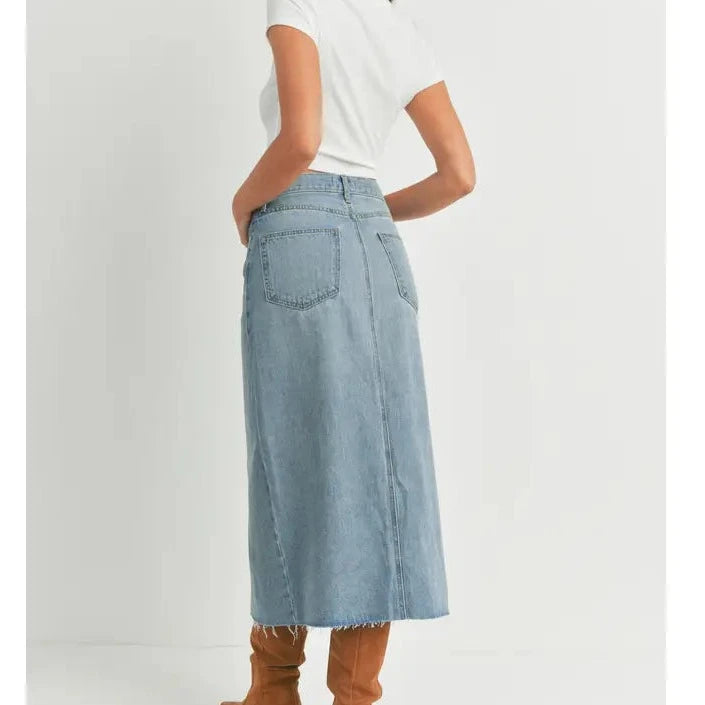 Open-Slit Denim Midi Skirt