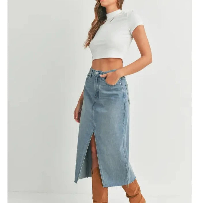 Open-Slit Denim Midi Skirt