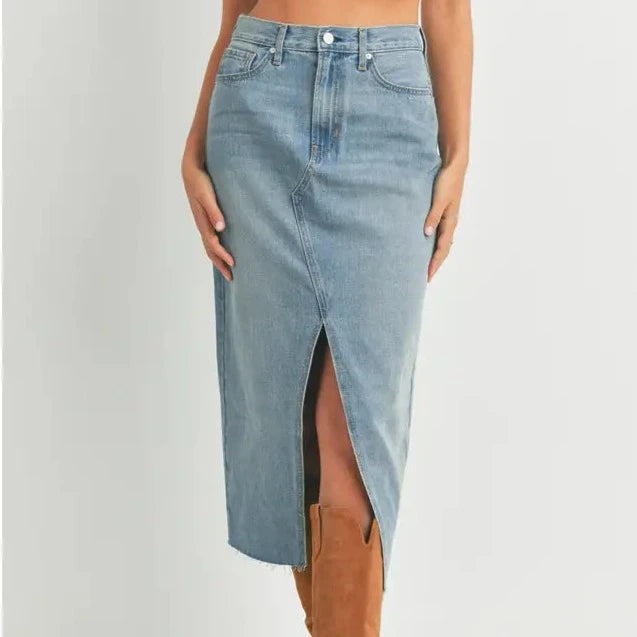 Open-Slit Denim Midi Skirt