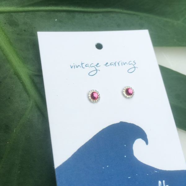 Vintage Stud Earrings- Magenta & Silver